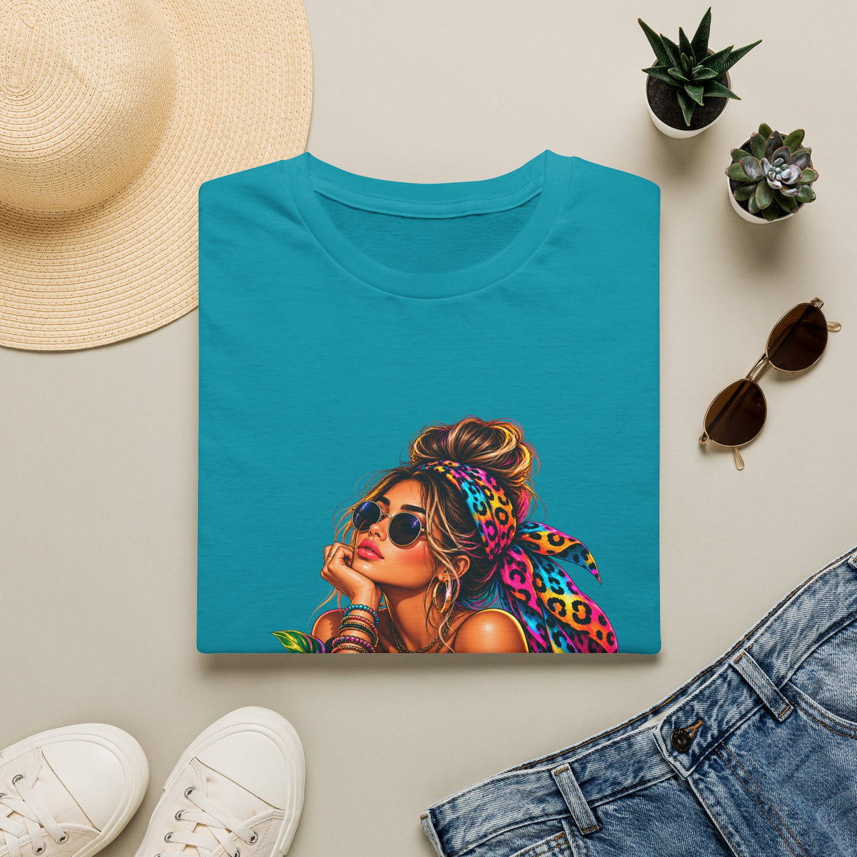 T-Shirt — Tropical Boho Girl Graphic Tee with Hibiscus & Bandana