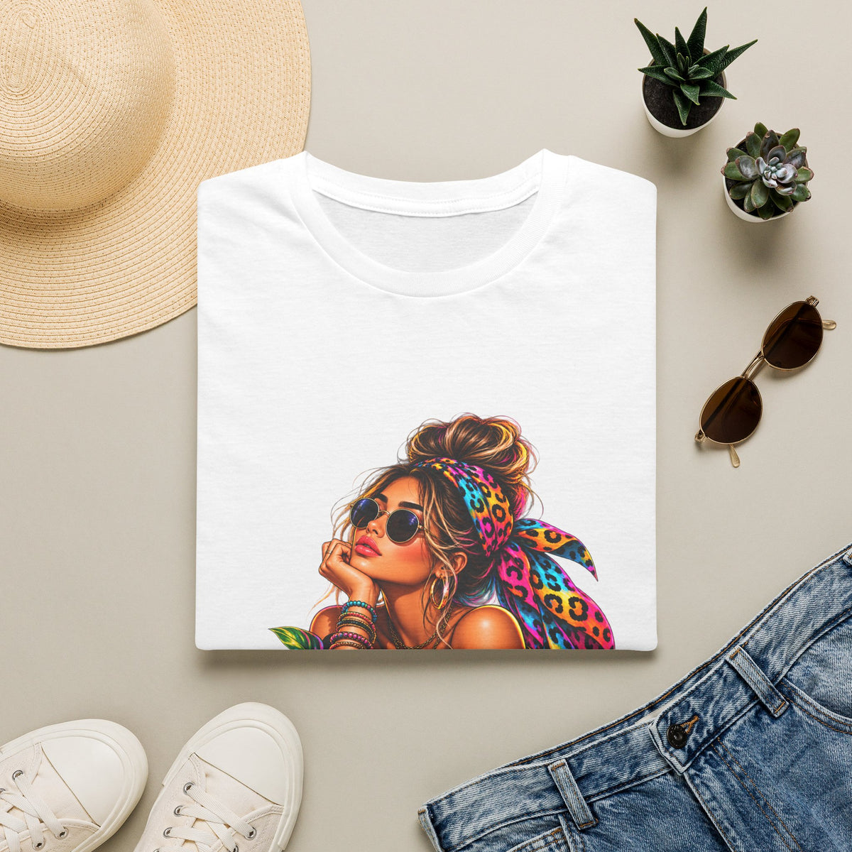 T-Shirt — Tropical Boho Girl Graphic Tee with Hibiscus & Bandana