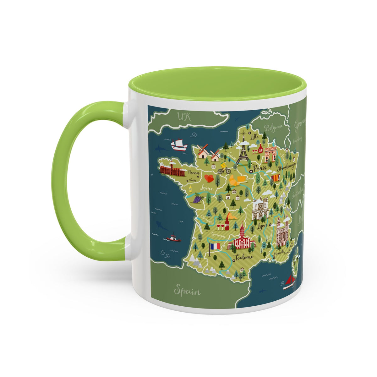 World Map Accent Coffee Mug — Illustrated Italy & Blue World Map Travel Mug (11/15oz)