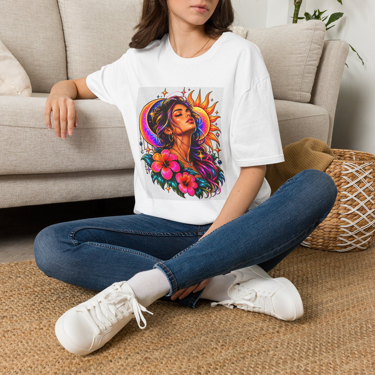 Sun & Moon Goddess T-Shirt — Vibrant Floral Boho Portrait Tee
