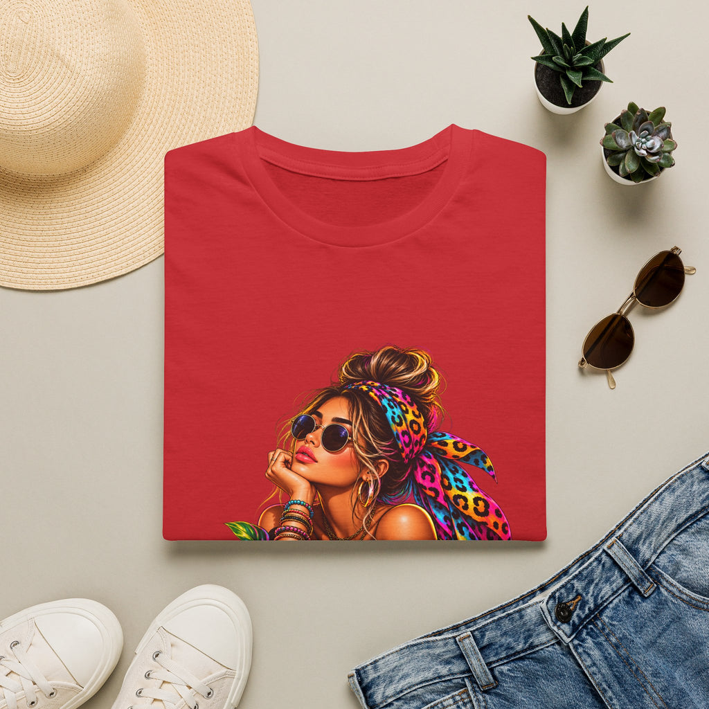 T-Shirt — Tropical Boho Girl Graphic Tee with Hibiscus & Bandana