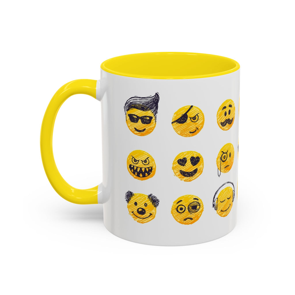 Emoji Faces Coffee Mug — Funny Yellow Emoji Pattern Accent Mug (11/15oz)