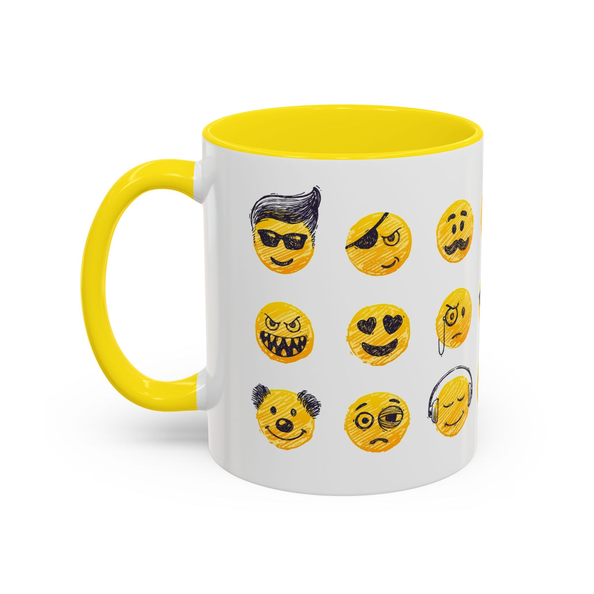 Emoji Faces Coffee Mug — Funny Yellow Emoji Pattern Accent Mug (11/15oz)