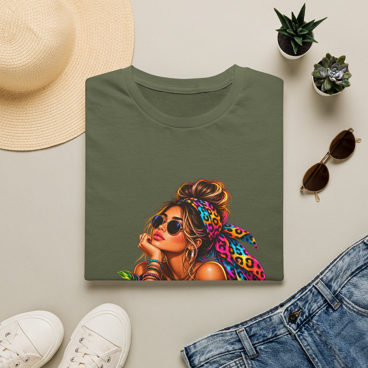 T-Shirt — Tropical Boho Girl Graphic Tee with Hibiscus & Bandana