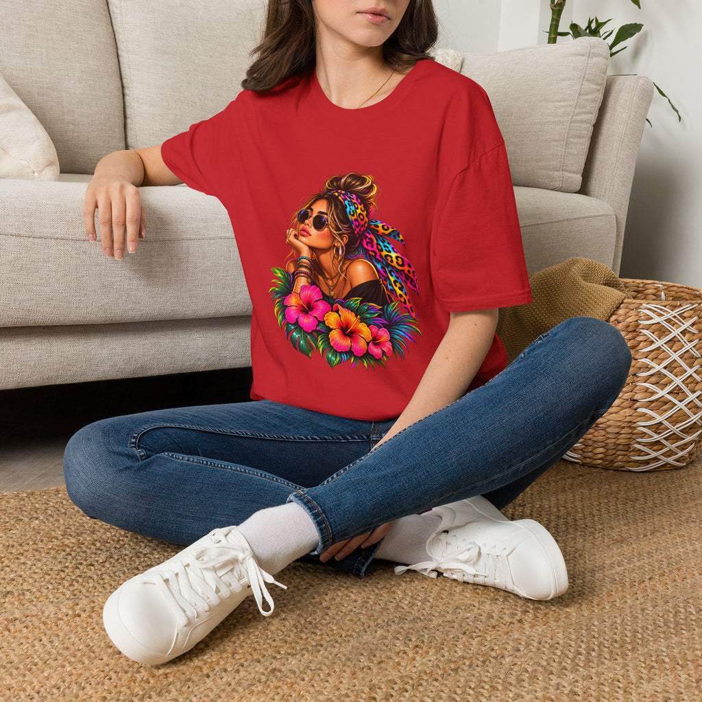 T-Shirt — Tropical Boho Girl Graphic Tee with Hibiscus & Bandana