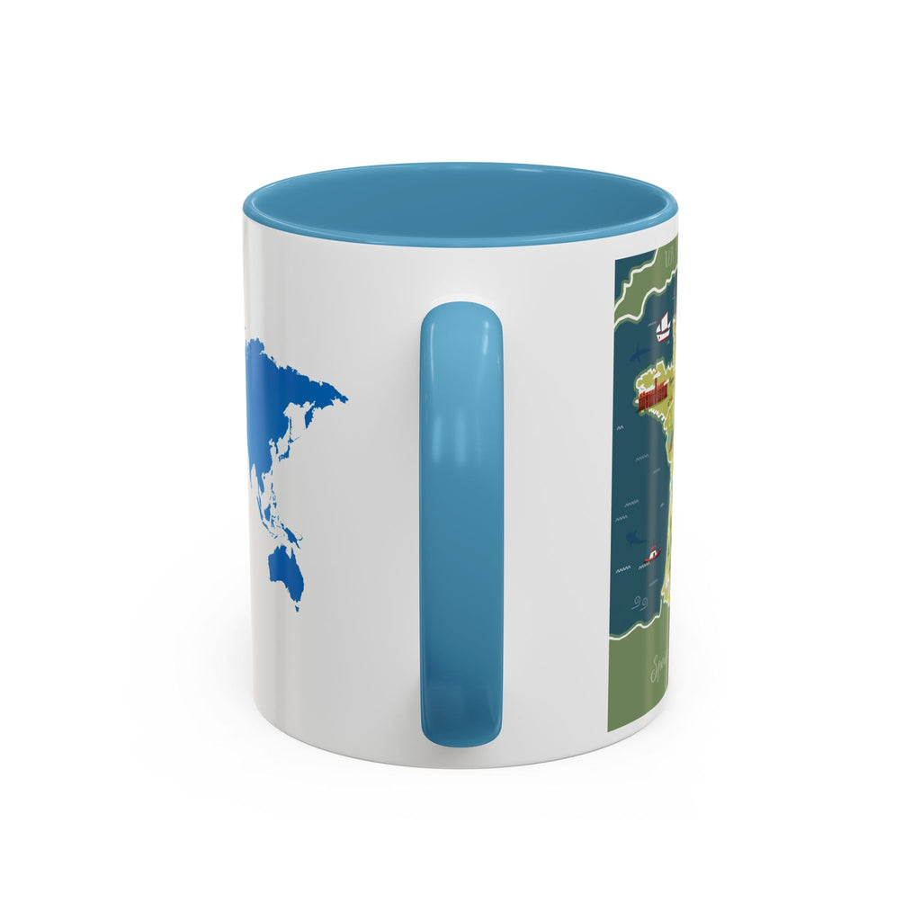 World Map Accent Coffee Mug — Illustrated Italy & Blue World Map Travel Mug (11/15oz)