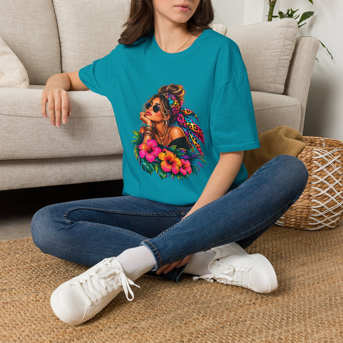 T-Shirt — Tropical Boho Girl Graphic Tee with Hibiscus & Bandana