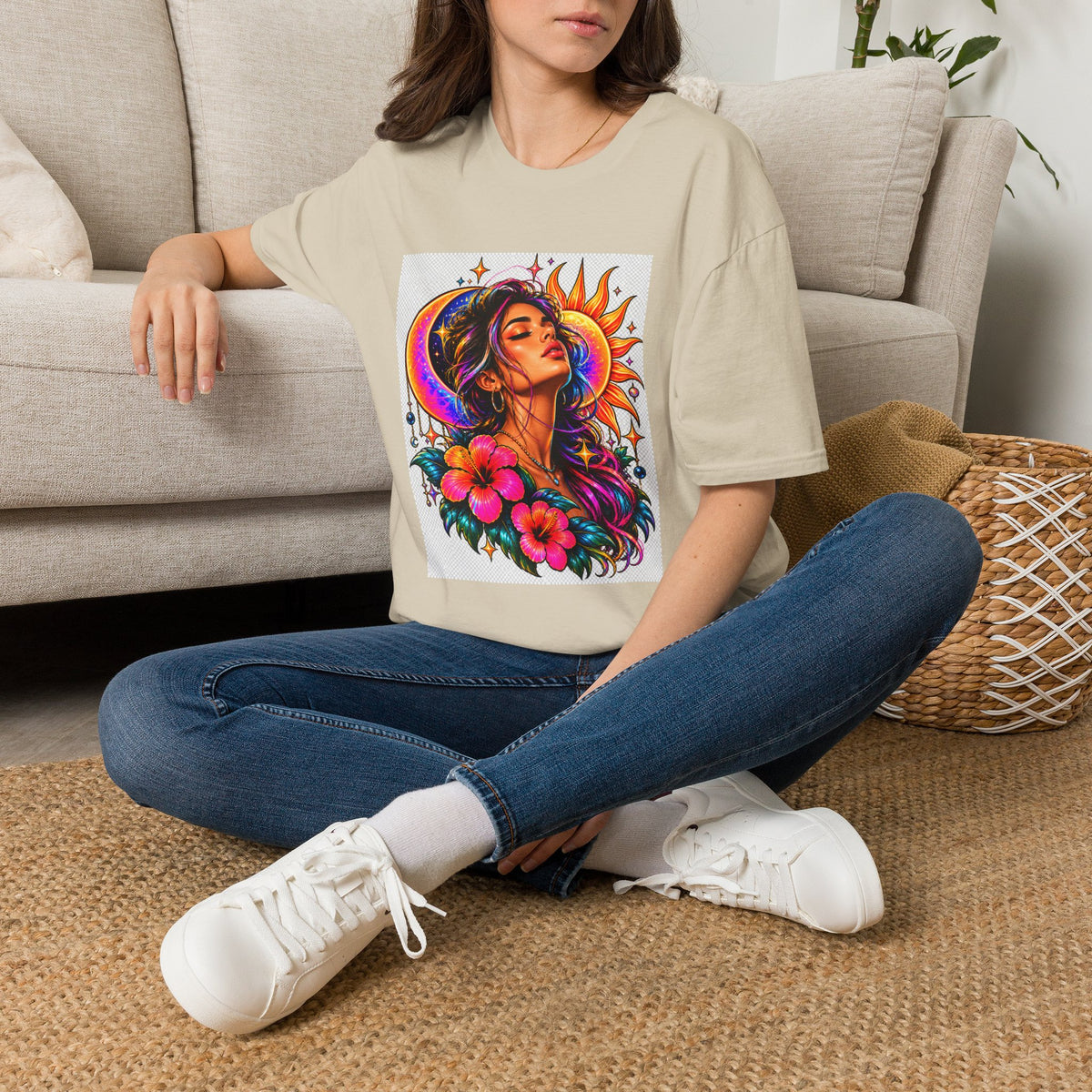 Sun & Moon Goddess T-Shirt — Vibrant Floral Boho Portrait Tee