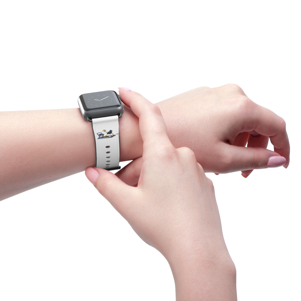 White Leather Watch Band with Minimal Dog on Skateboard Design