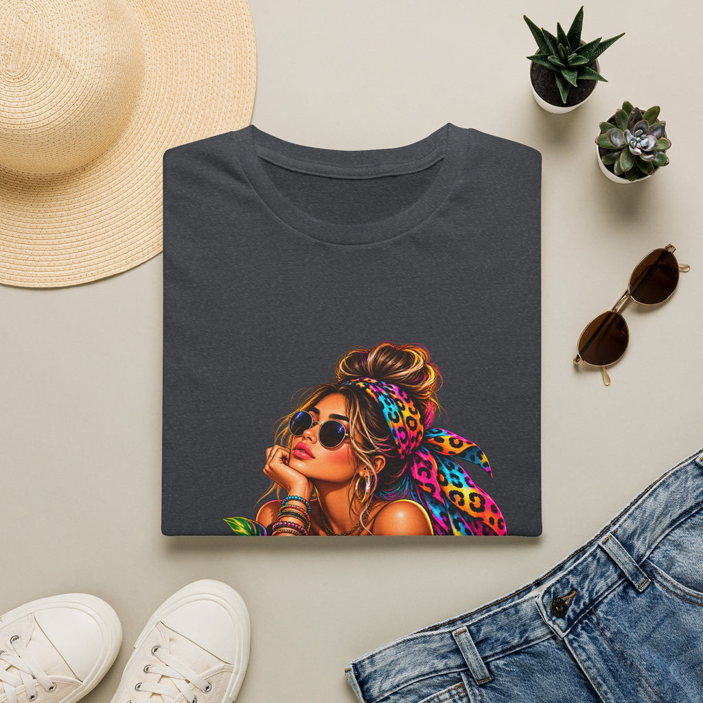 T-Shirt — Tropical Boho Girl Graphic Tee with Hibiscus & Bandana