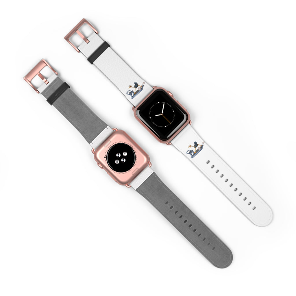 White Leather Watch Band with Minimal Dog on Skateboard Design