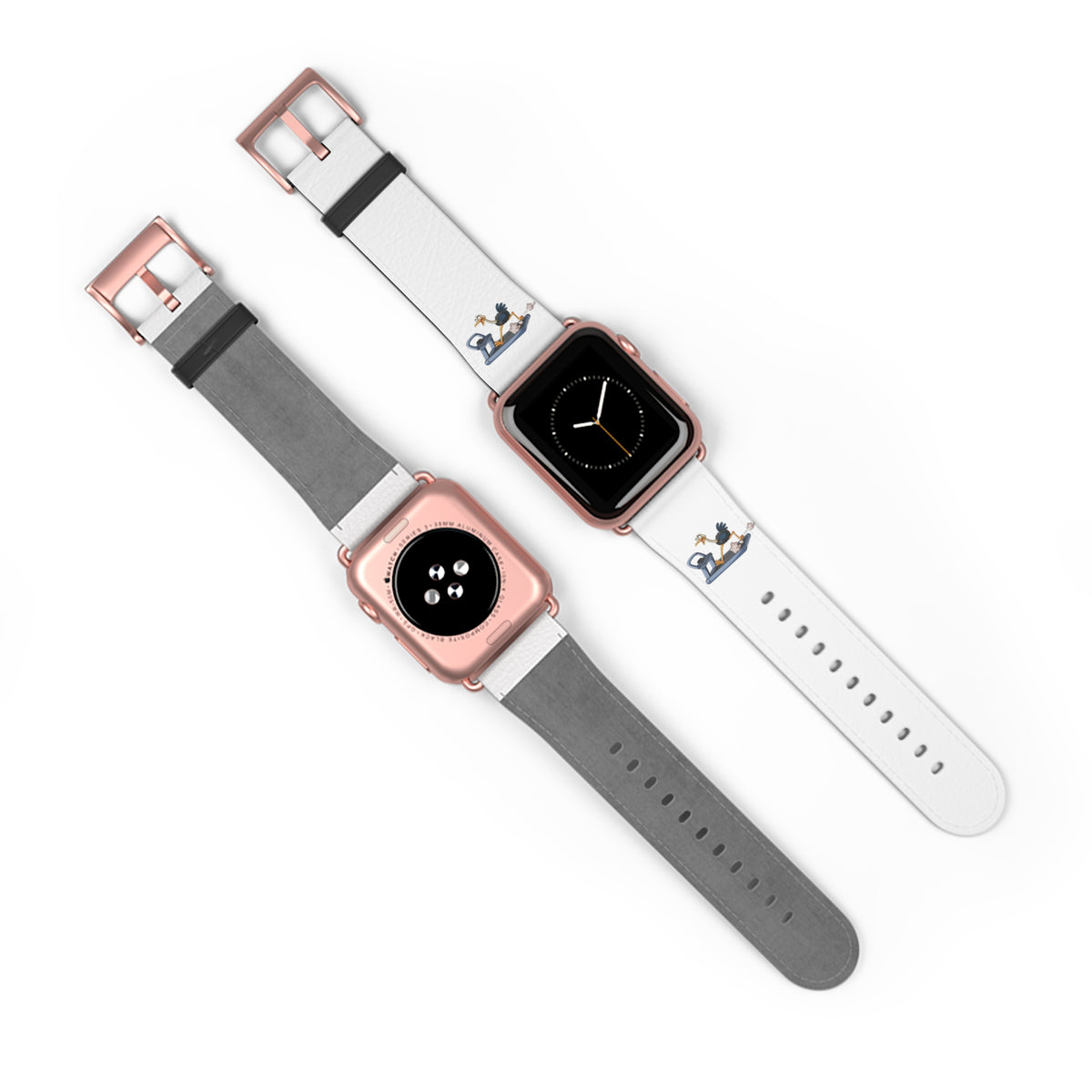 White Leather Watch Band with Minimal Dog on Skateboard Design