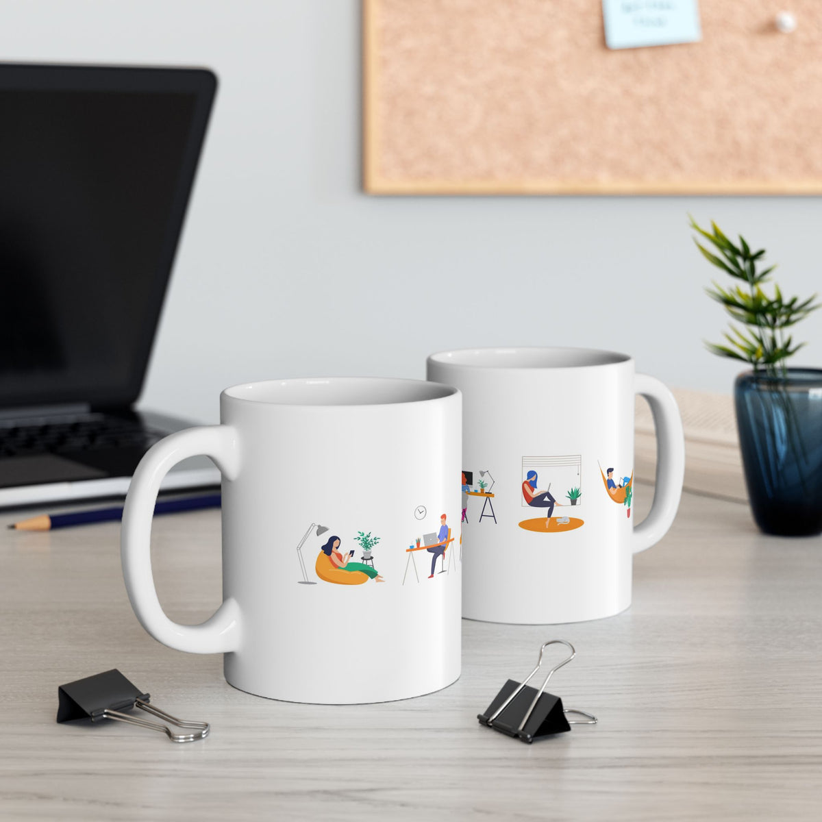 Work From Home Illustration Ceramic Mug – Cute Home Office Scenes (11oz/15oz)