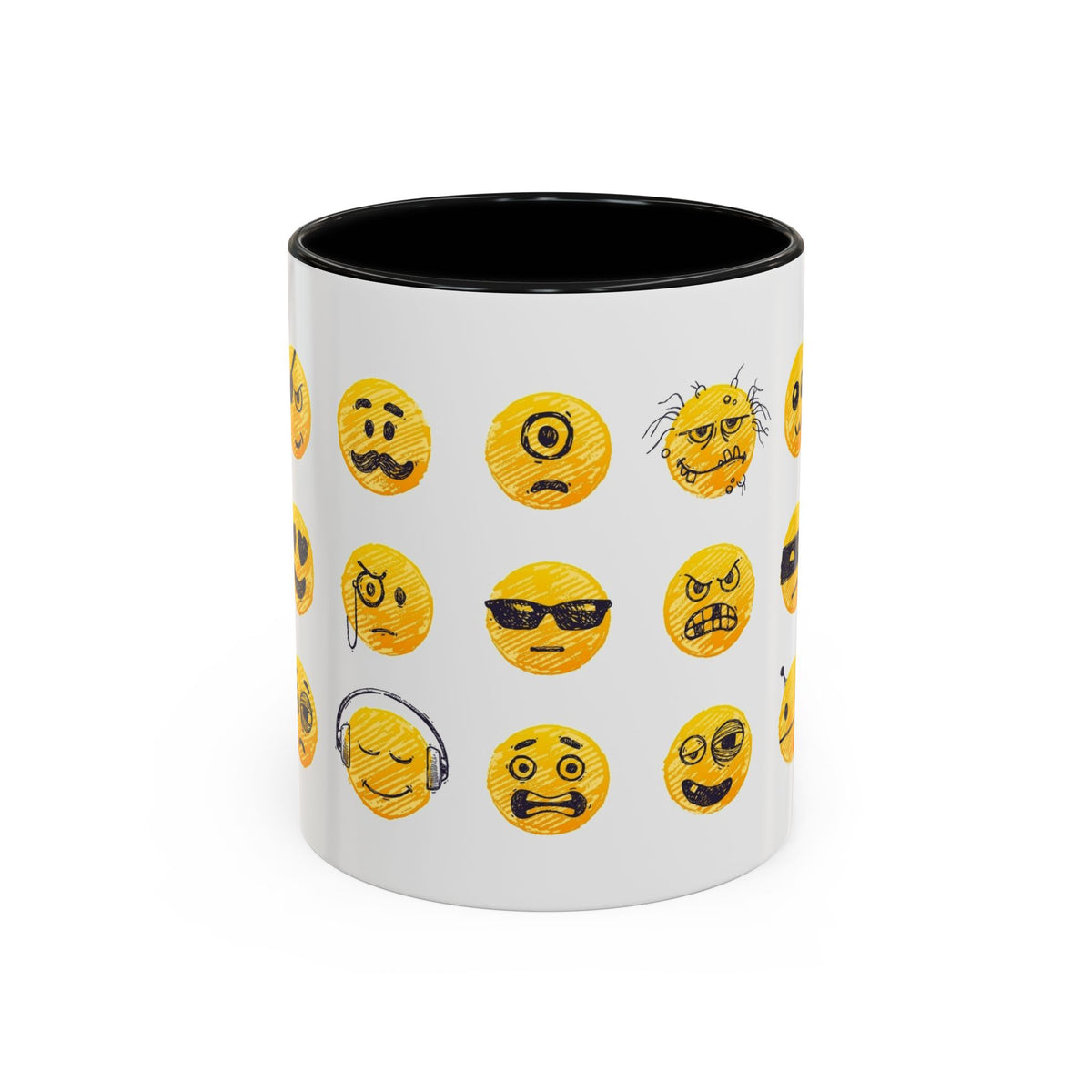 Emoji Faces Coffee Mug — Funny Yellow Emoji Pattern Accent Mug (11/15oz)