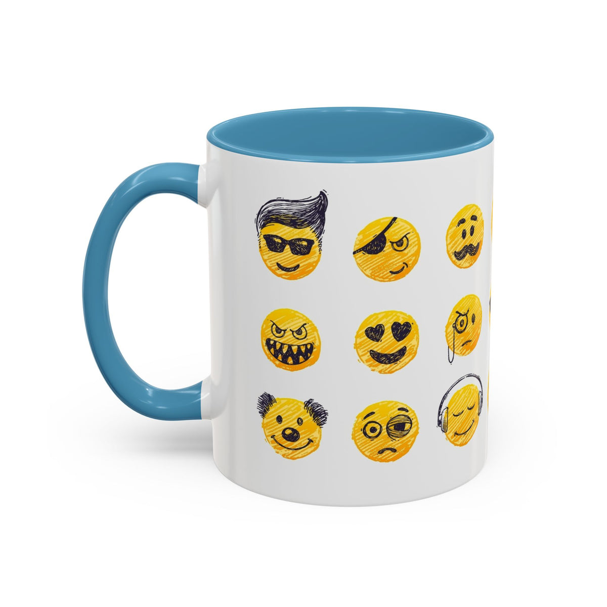 Emoji Faces Coffee Mug — Funny Yellow Emoji Pattern Accent Mug (11/15oz)