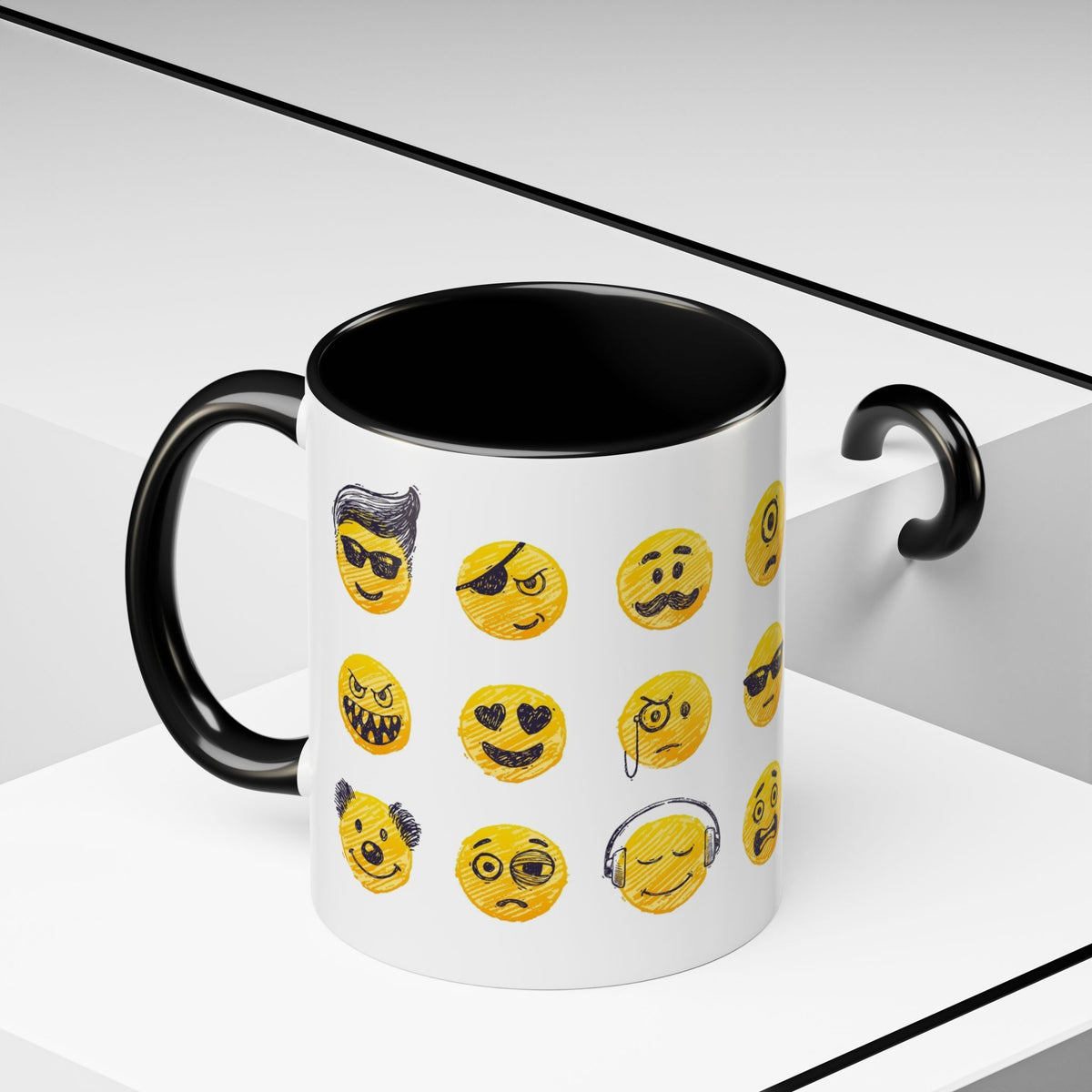Emoji Faces Coffee Mug — Funny Yellow Emoji Pattern Accent Mug (11/15oz)
