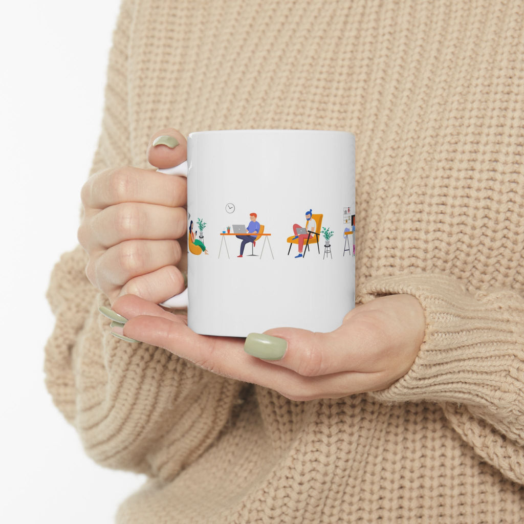 Work From Home Illustration Ceramic Mug – Cute Home Office Scenes (11oz/15oz)