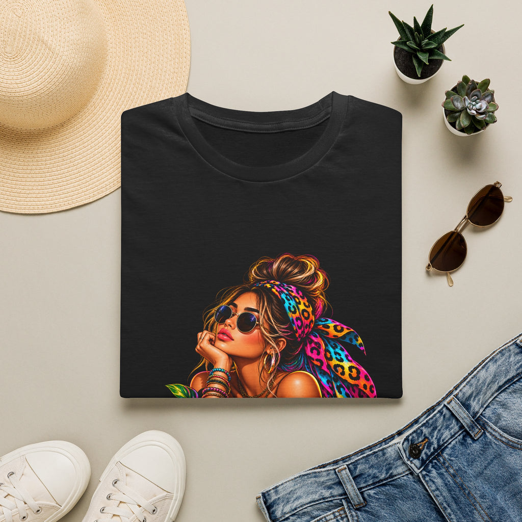 T-Shirt — Tropical Boho Girl Graphic Tee with Hibiscus & Bandana