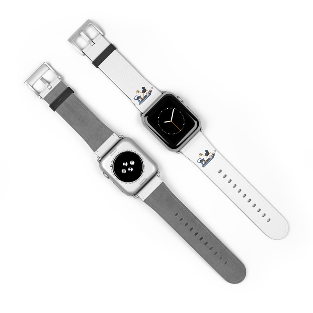 White Leather Watch Band with Minimal Dog on Skateboard Design