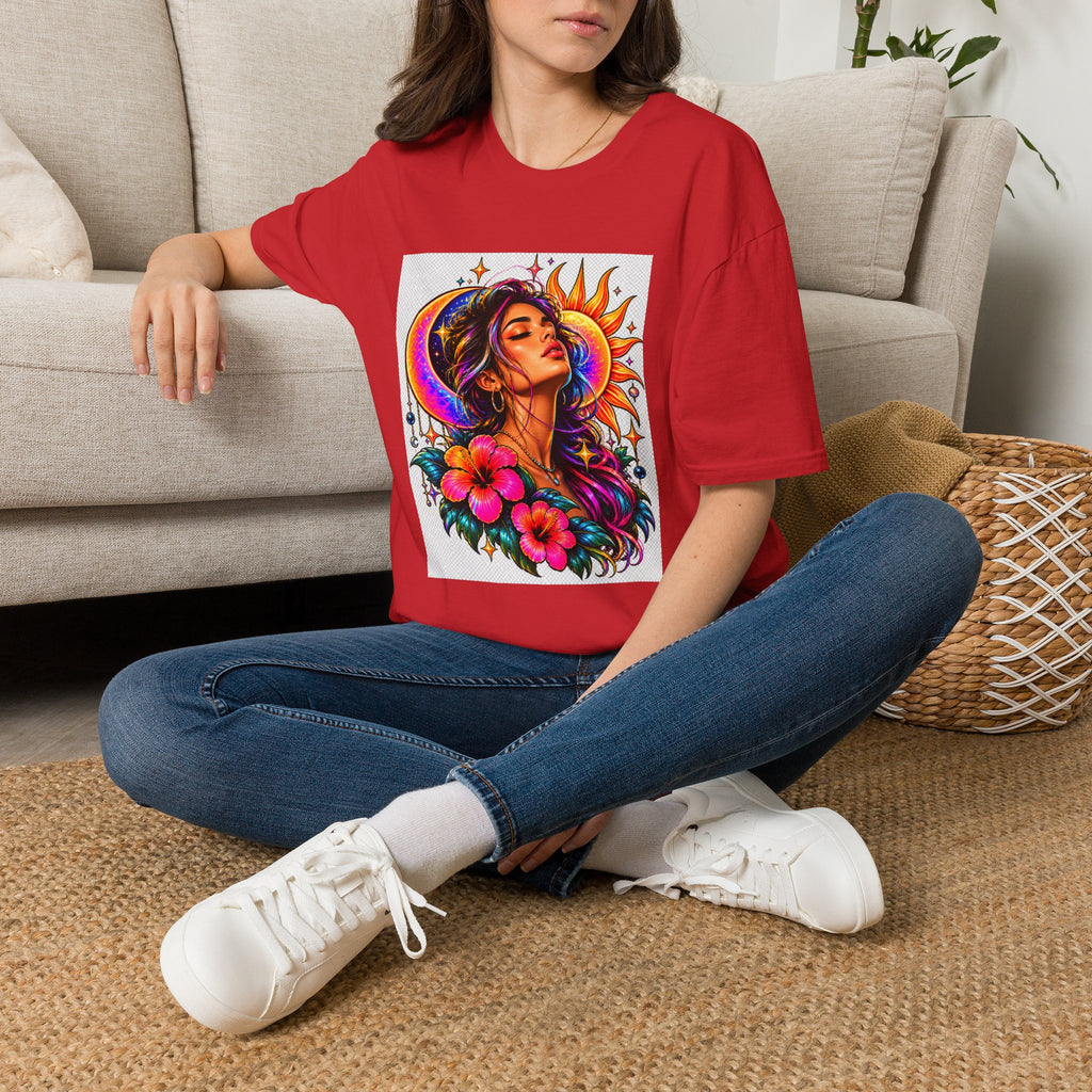 Sun & Moon Goddess T-Shirt — Vibrant Floral Boho Portrait Tee