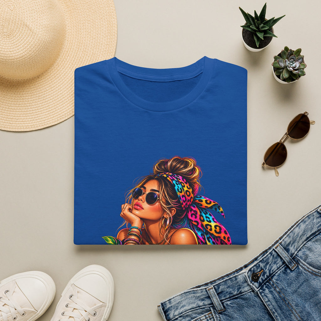 T-Shirt — Tropical Boho Girl Graphic Tee with Hibiscus & Bandana