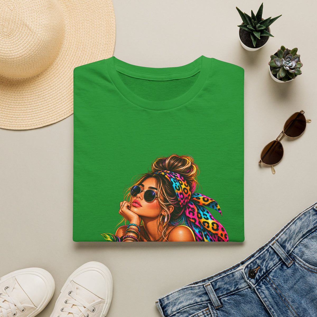 T-Shirt — Tropical Boho Girl Graphic Tee with Hibiscus & Bandana