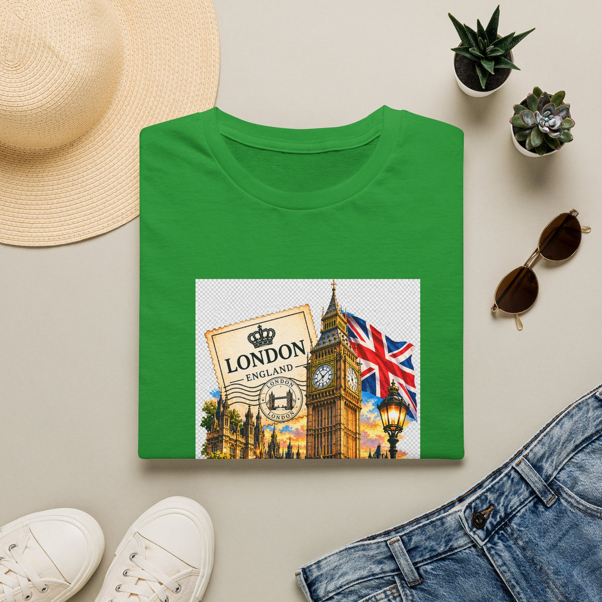 London Vintage Collage T-Shirt — Big Ben, Red Bus & Union Jack Tee