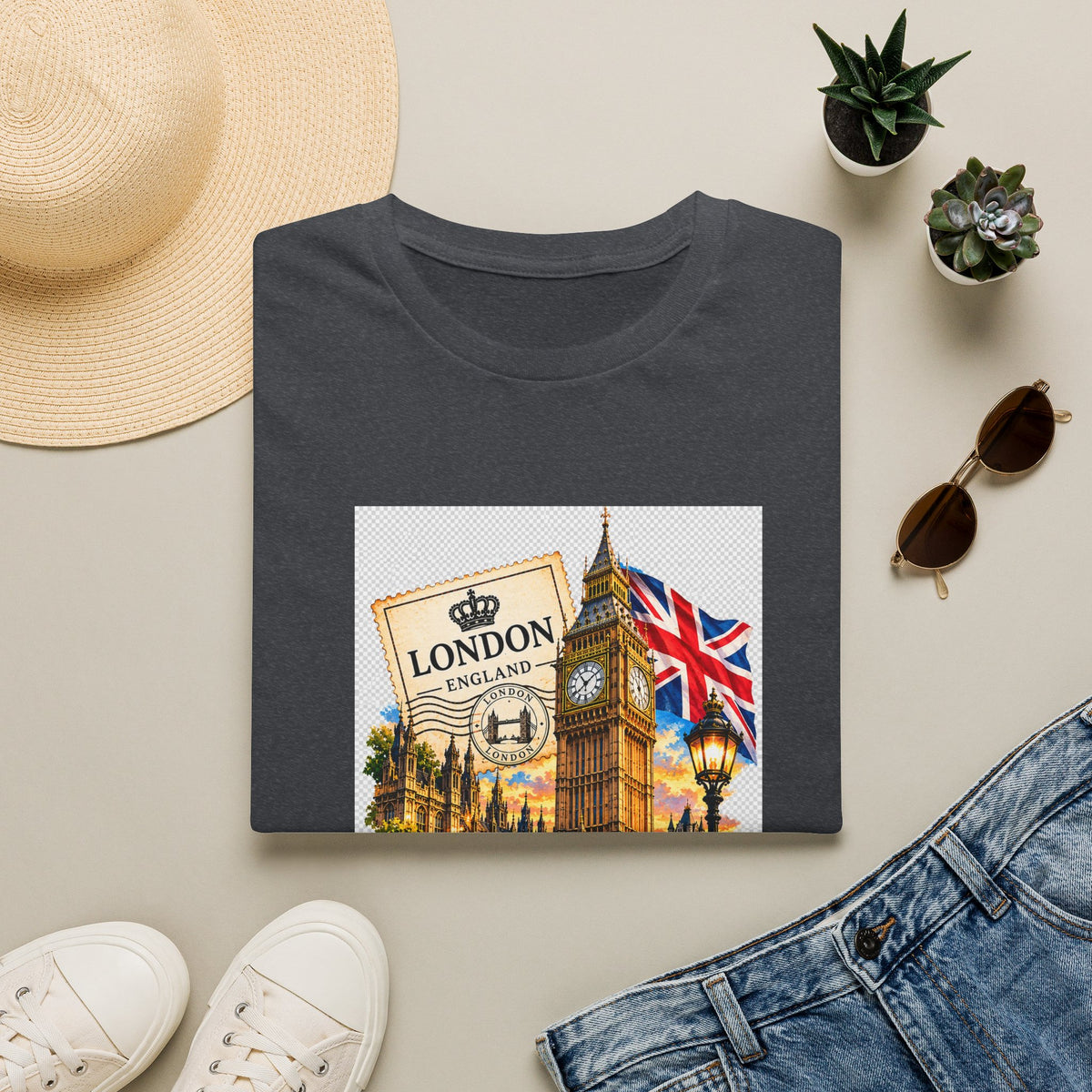 London Vintage Collage T-Shirt — Big Ben, Red Bus & Union Jack Tee