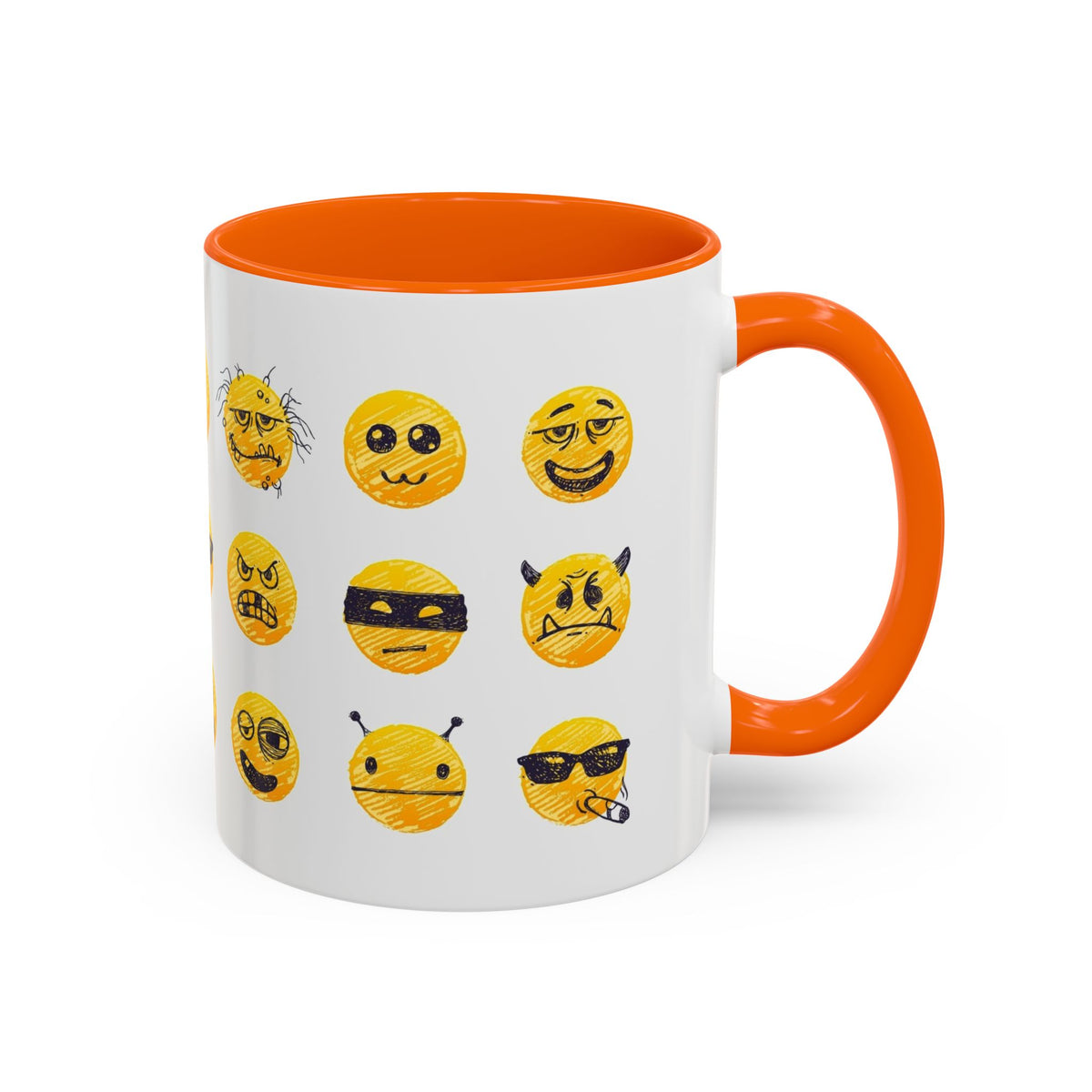 Emoji Faces Coffee Mug — Funny Yellow Emoji Pattern Accent Mug (11/15oz)