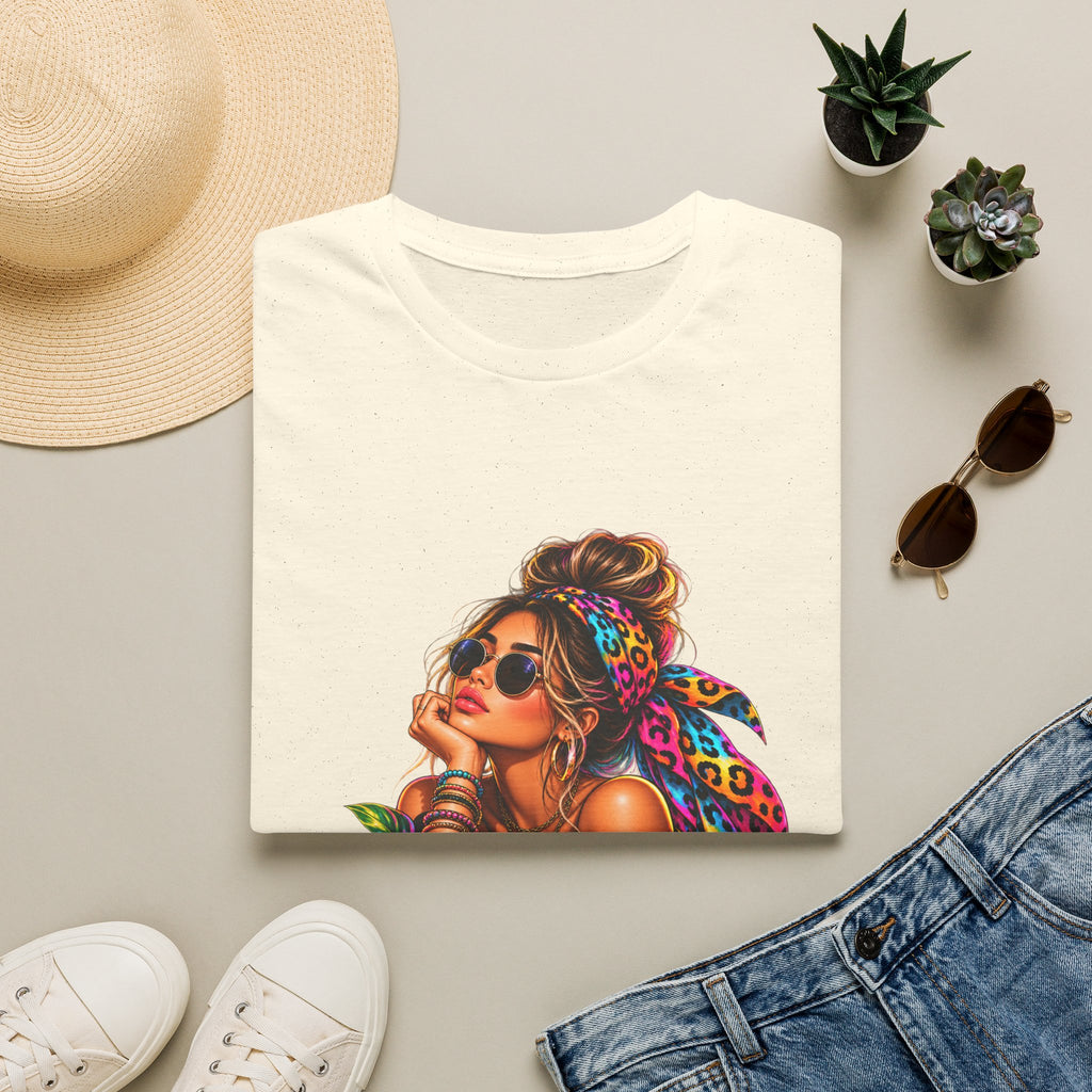 T-Shirt — Tropical Boho Girl Graphic Tee with Hibiscus & Bandana