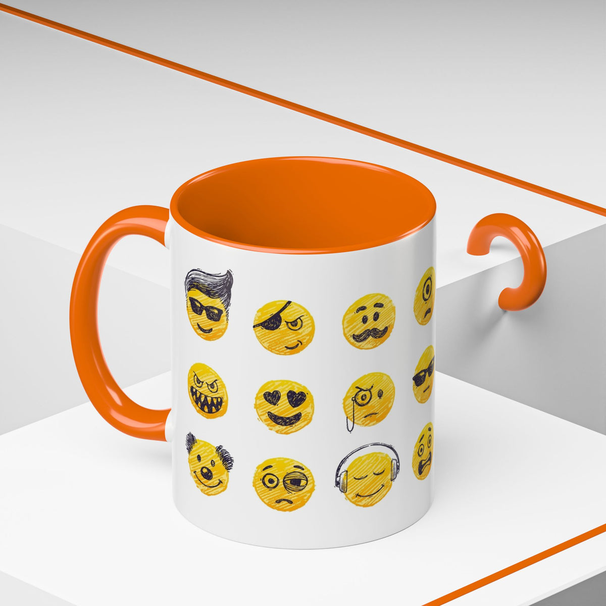 Emoji Faces Coffee Mug — Funny Yellow Emoji Pattern Accent Mug (11/15oz)