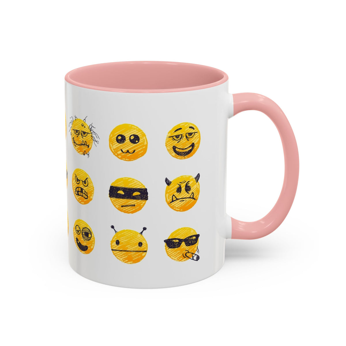 Emoji Faces Coffee Mug — Funny Yellow Emoji Pattern Accent Mug (11/15oz)