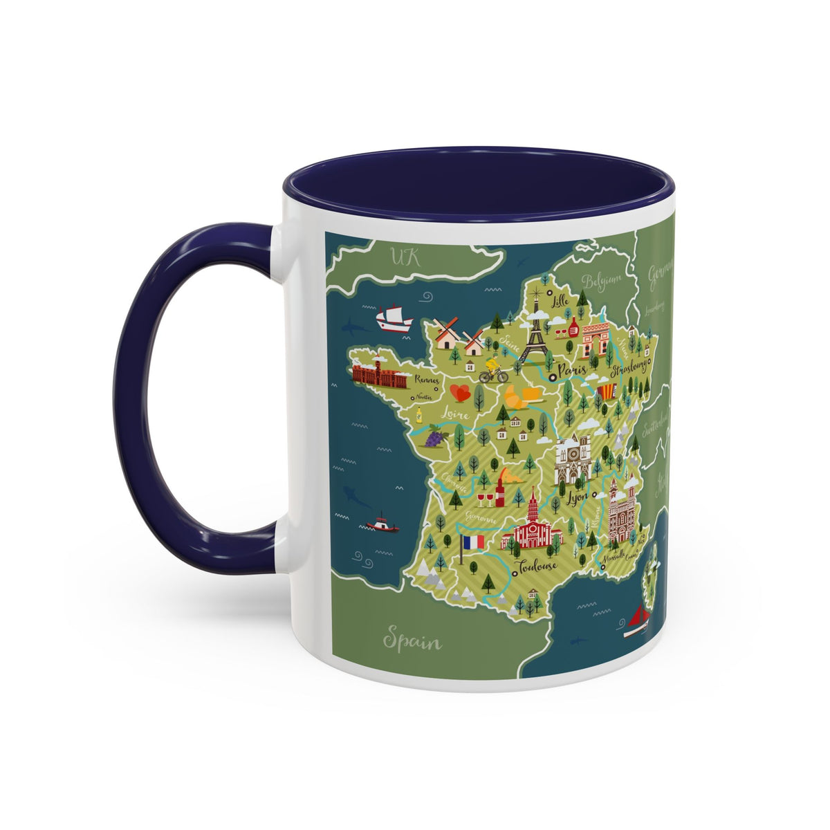 World Map Accent Coffee Mug — Illustrated Italy & Blue World Map Travel Mug (11/15oz)
