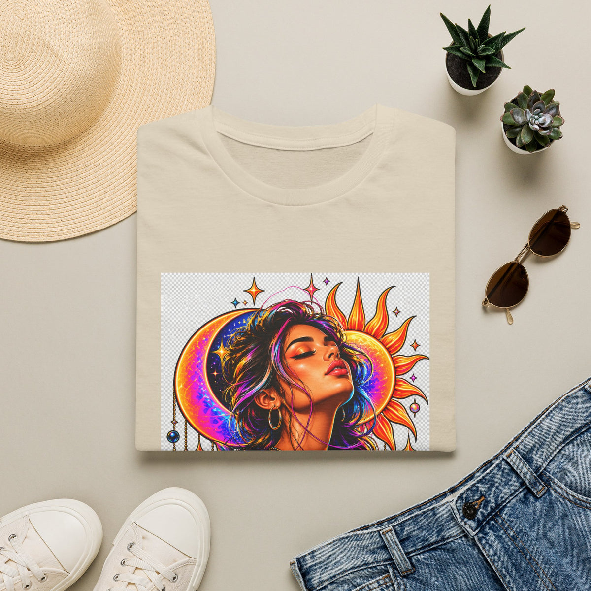 Sun & Moon Goddess T-Shirt — Vibrant Floral Boho Portrait Tee