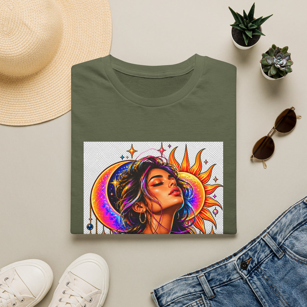 Sun & Moon Goddess T-Shirt — Vibrant Floral Boho Portrait Tee