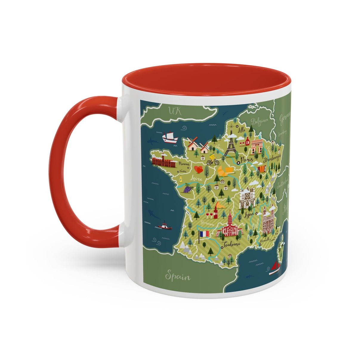World Map Accent Coffee Mug — Illustrated Italy & Blue World Map Travel Mug (11/15oz)