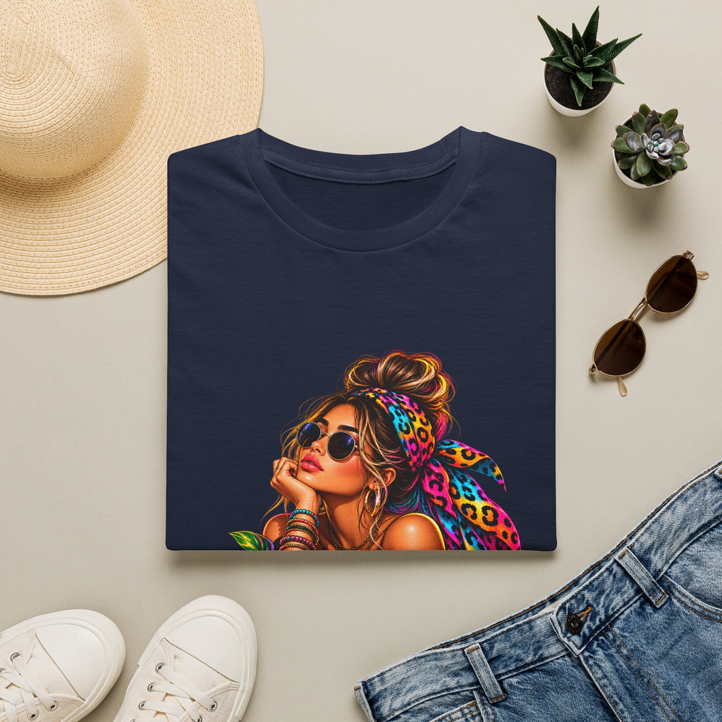T-Shirt — Tropical Boho Girl Graphic Tee with Hibiscus & Bandana