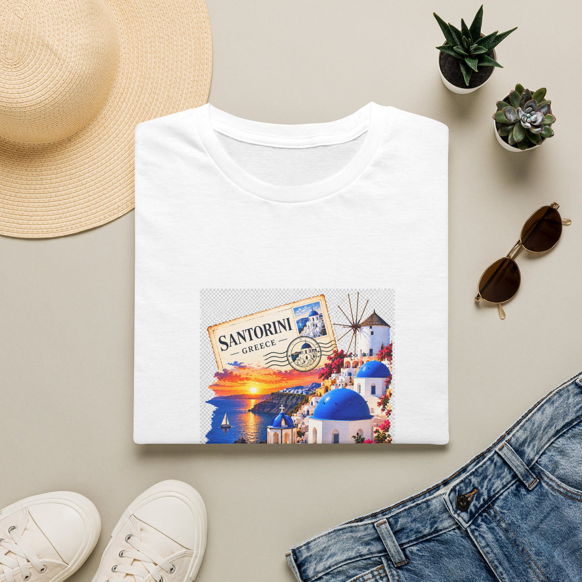Santorini Greece Vintage Travel T-Shirt – Scenic Oia Sunset Poster Tee