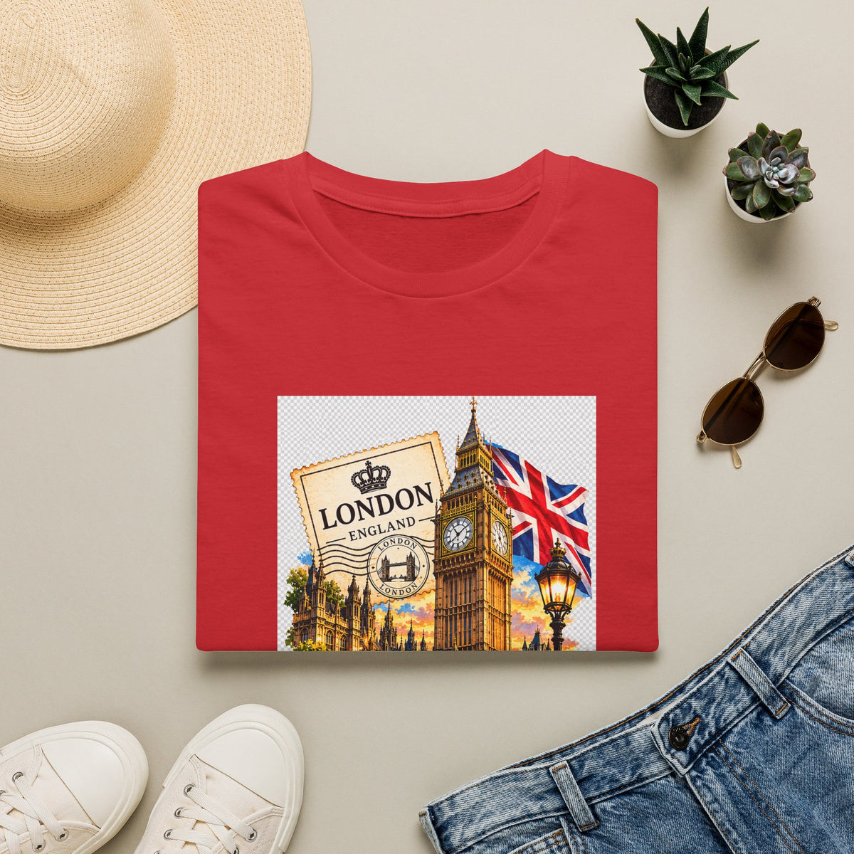 London Vintage Collage T-Shirt — Big Ben, Red Bus & Union Jack Tee