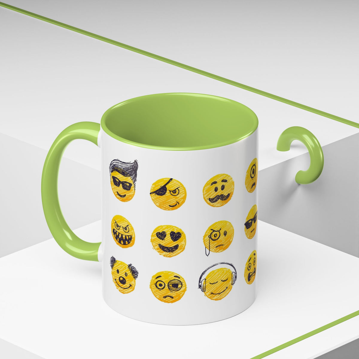 Emoji Faces Coffee Mug — Funny Yellow Emoji Pattern Accent Mug (11/15oz)