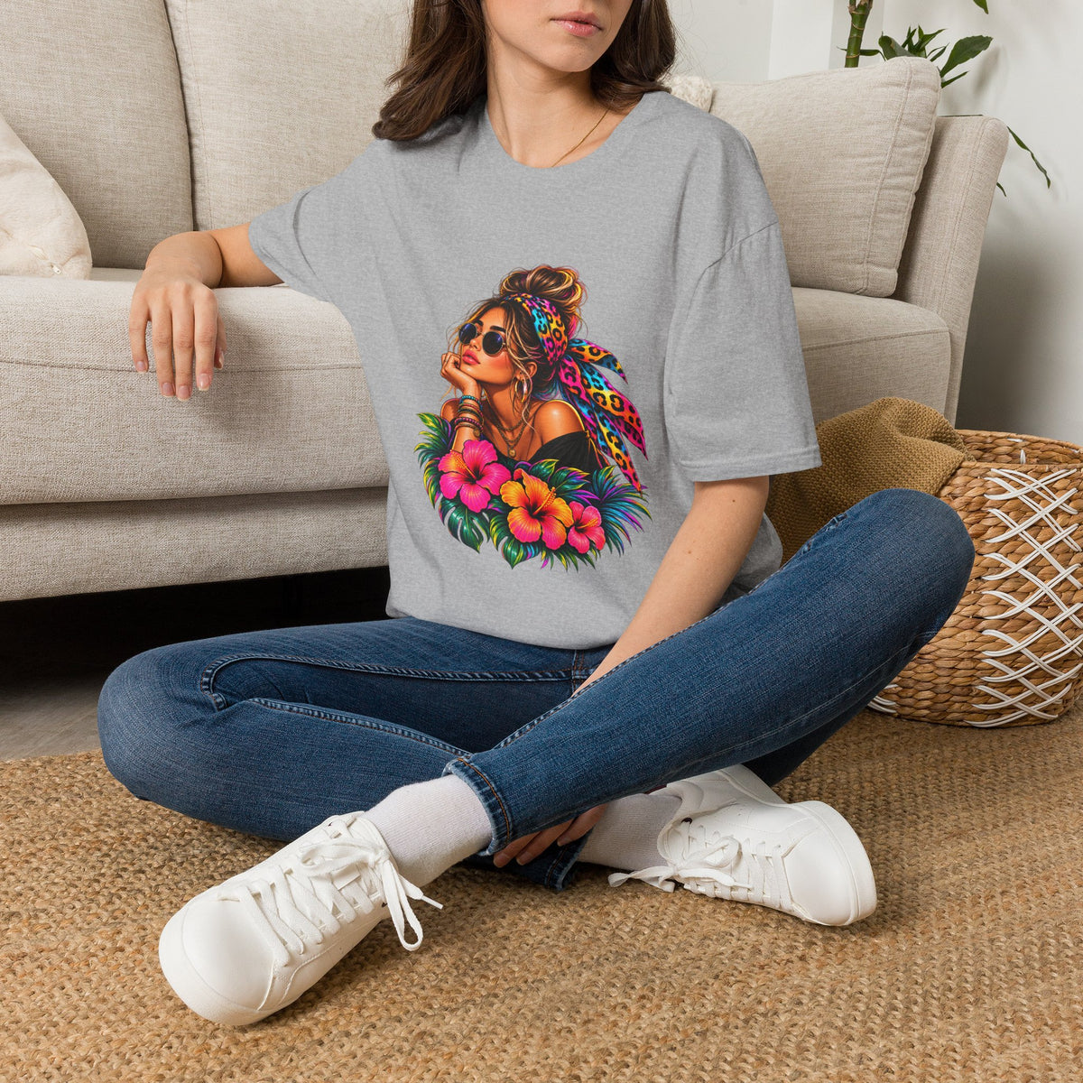 T-Shirt — Tropical Boho Girl Graphic Tee with Hibiscus & Bandana