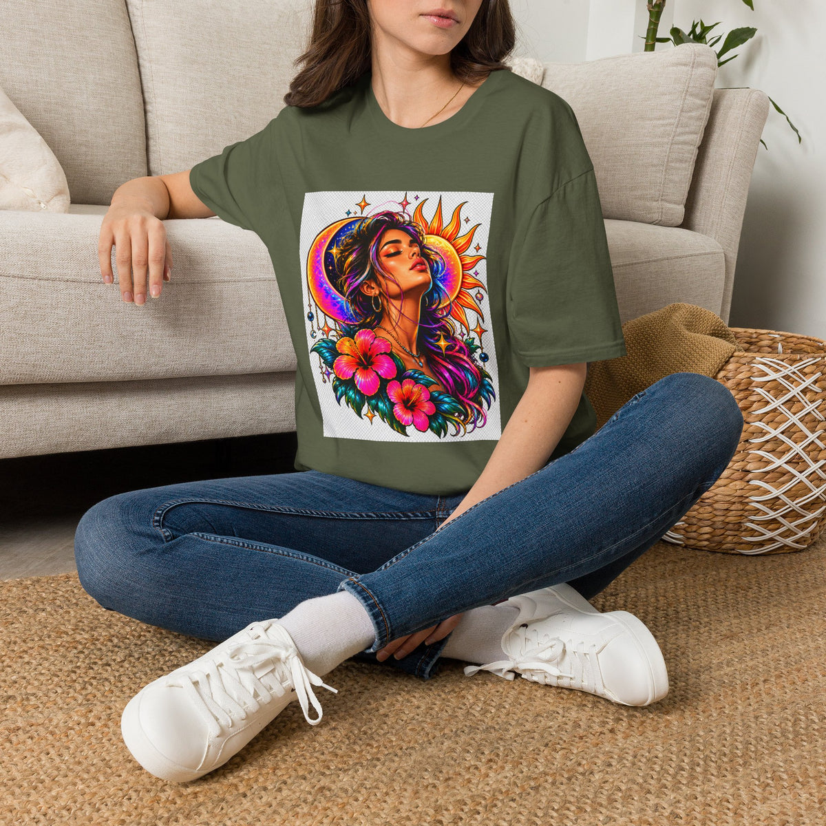 Sun & Moon Goddess T-Shirt — Vibrant Floral Boho Portrait Tee