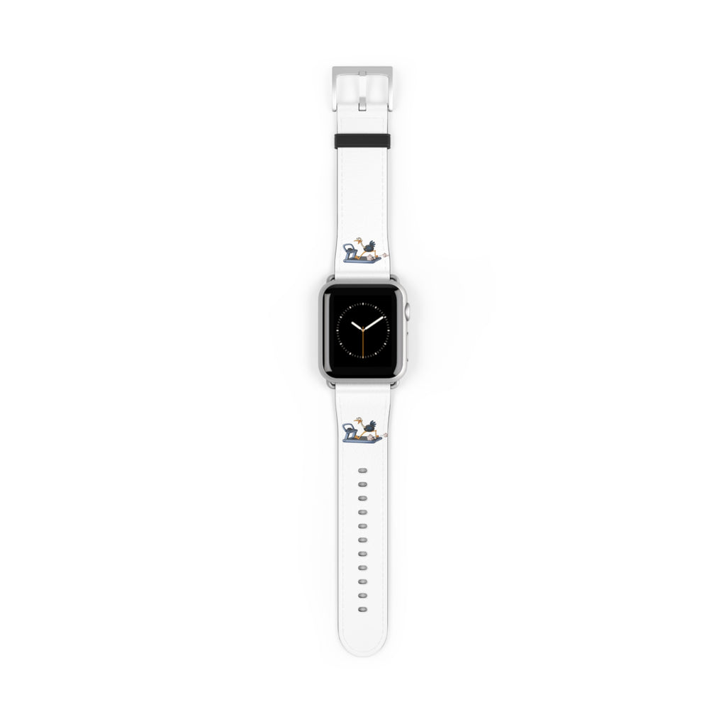 White Leather Watch Band with Minimal Dog on Skateboard Design