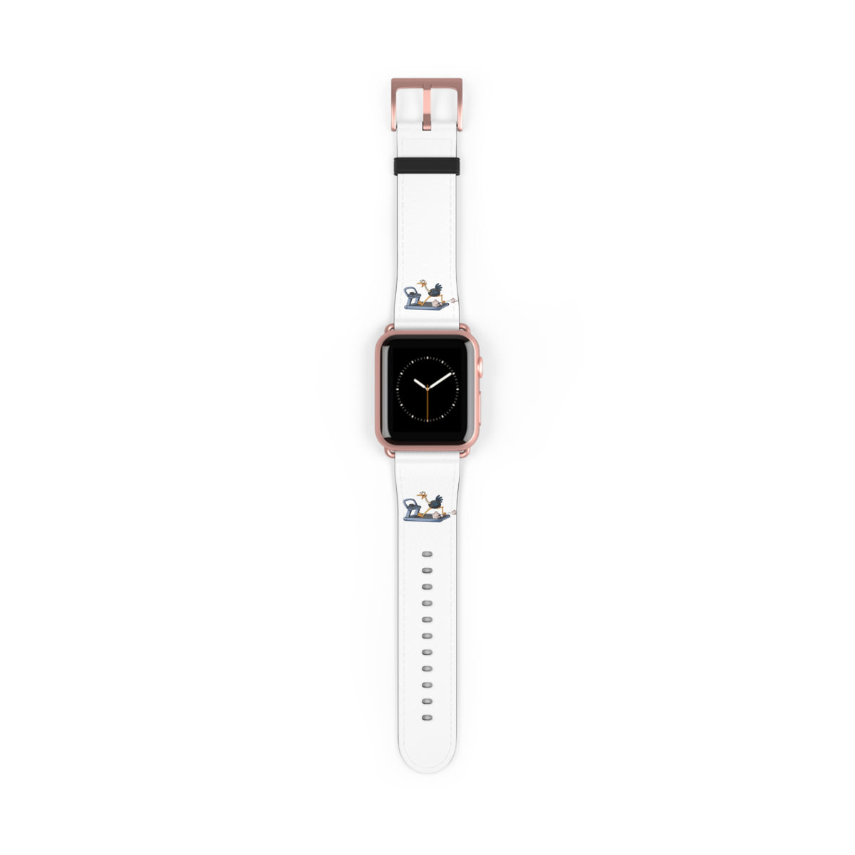 White Leather Watch Band with Minimal Dog on Skateboard Design