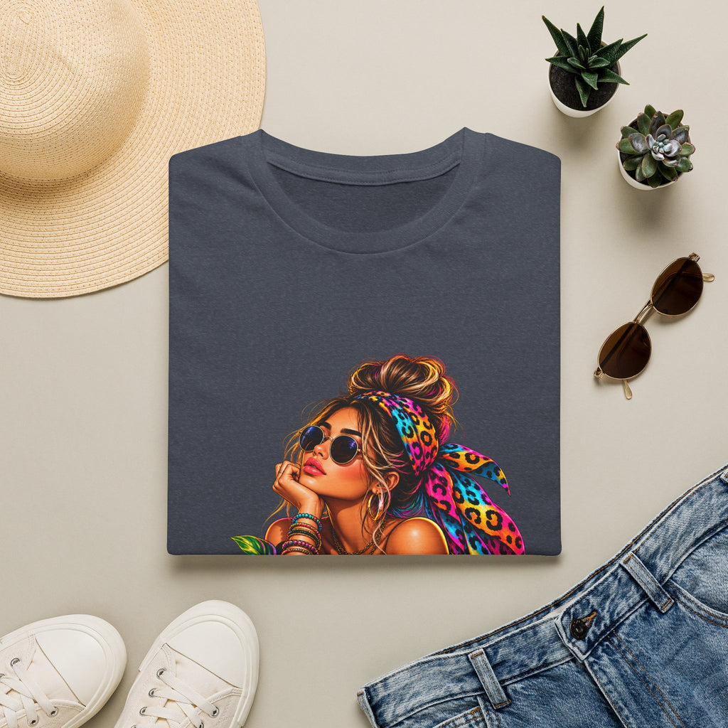 T-Shirt — Tropical Boho Girl Graphic Tee with Hibiscus & Bandana