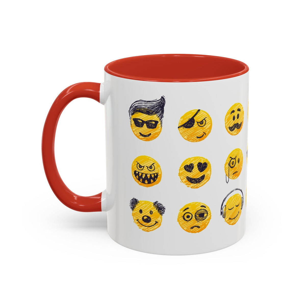 Emoji Faces Coffee Mug — Funny Yellow Emoji Pattern Accent Mug (11/15oz)