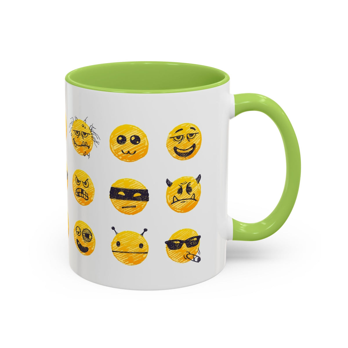 Emoji Faces Coffee Mug — Funny Yellow Emoji Pattern Accent Mug (11/15oz)