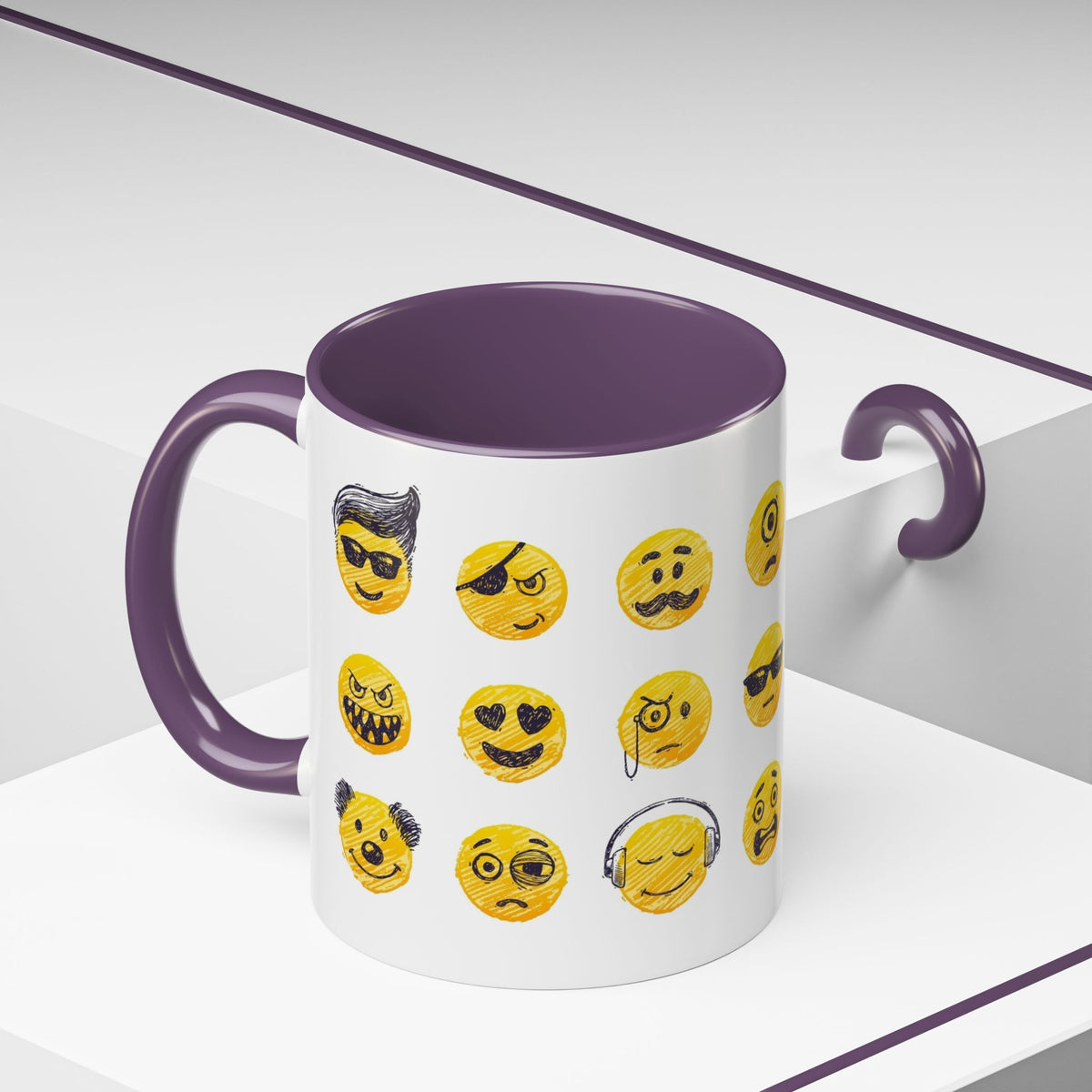 Emoji Faces Coffee Mug — Funny Yellow Emoji Pattern Accent Mug (11/15oz)