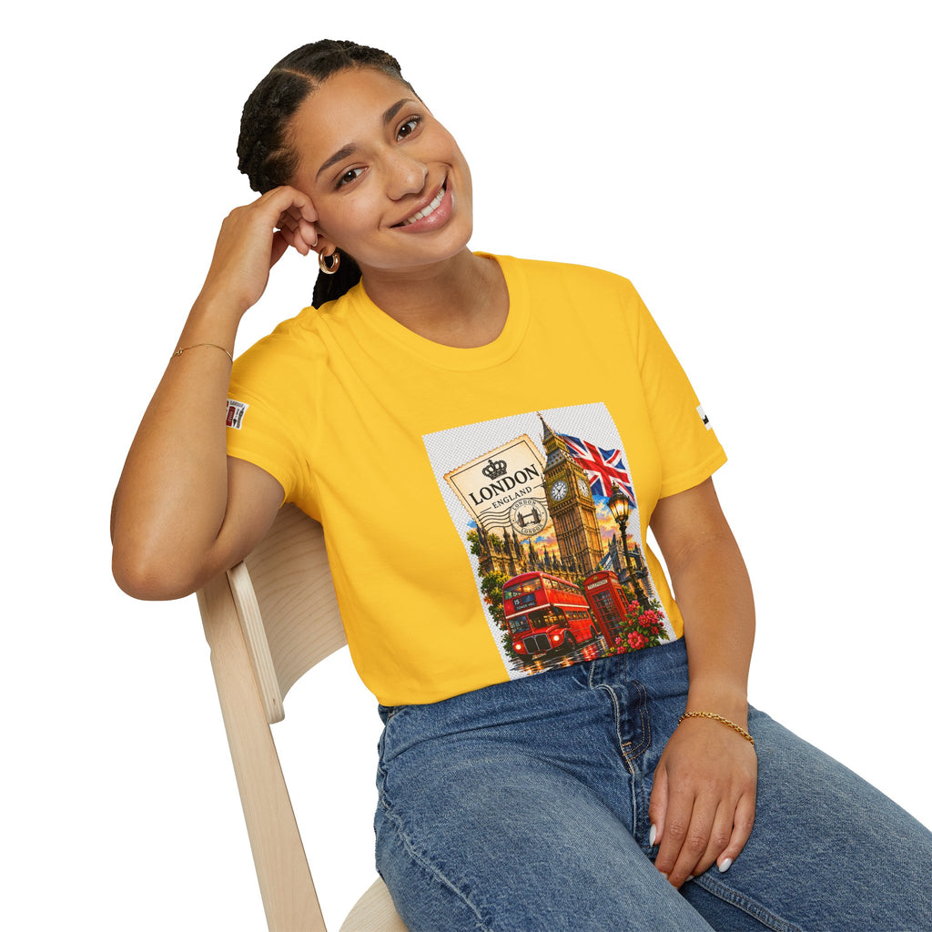 London Vintage Collage T-Shirt — Big Ben, Red Bus & Union Jack Tee