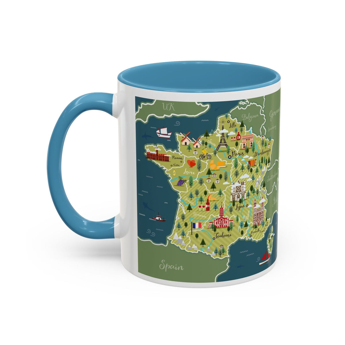 World Map Accent Coffee Mug — Illustrated Italy & Blue World Map Travel Mug (11/15oz)